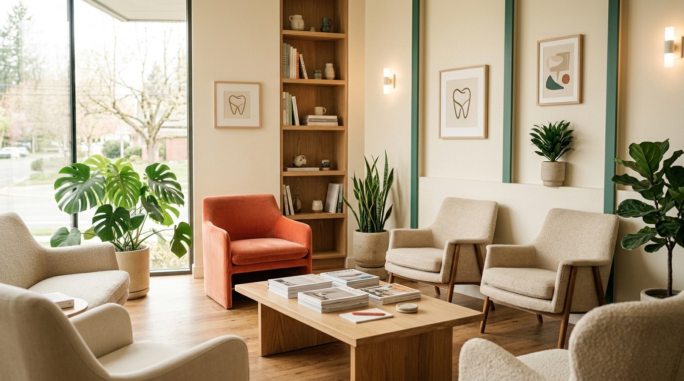 Sala de espera de ESMALTE, cálida y con luz natural